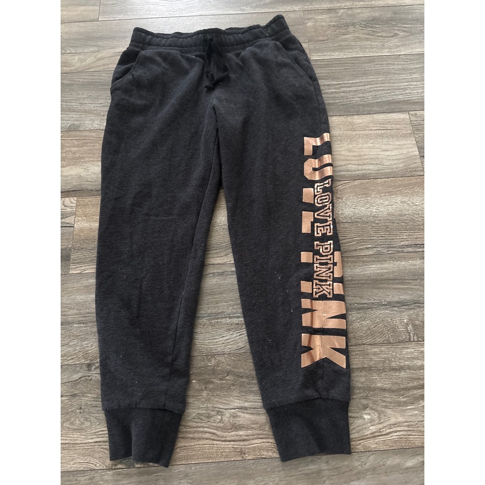 Victoria's Secret PINK Joggers Charcoal Gray Rose Gold Metallic Graphic Medium